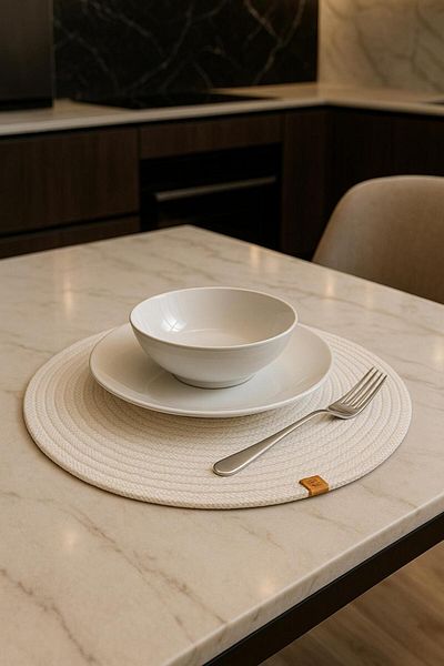 Alper Banyo 6 Piece White Jute Supla Set, American Service Set, Luxury Presentation Plate Base (33 X 33 cm)