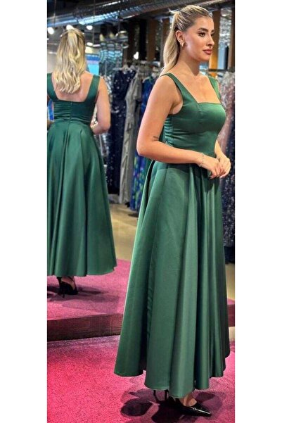 Abiyeniall Yeşil Kalın Askı Kloş Etekli Saten Midi Abiye Elbise 7631