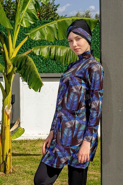 Mayom Blue Tropical Floral Patterned Full Size Lycra Digital Hijab Swimsuit-2414