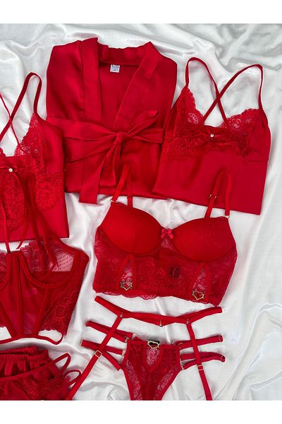 Lena Homewears Mina Red Satin - Set de lenjerie gigant de noapte și rochie de 7 piese