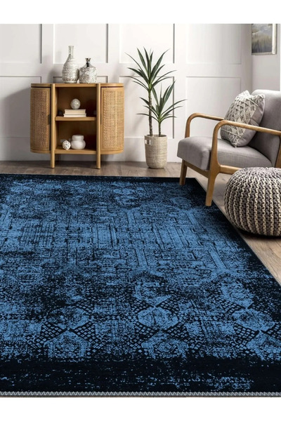 Serteks Modern Eskitme Desenli Mavi Halı Dokuma Taban Dekoratif Şönil Salon O...