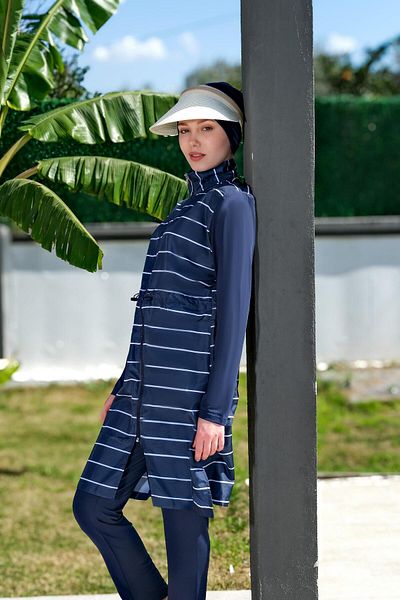 Mayom Navy Blue Women's Striped Full Hijab Swimsuit with Tights Boneli 3 Piece Set Full Hijab Swimsuit