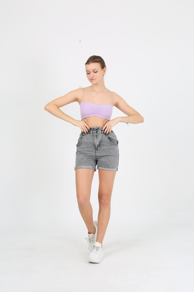 EDSA Lila Ip Askılı Büzgü Detaylı Örme Esnek Kadın Crop Atlet