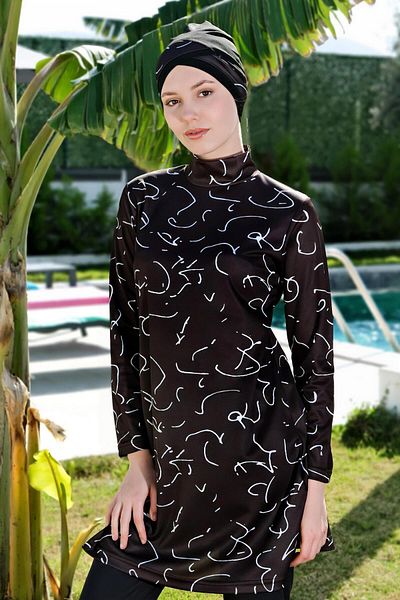 Mayom Line Patterned Full Size Lycra Digital Hijab Swimsuit-2411