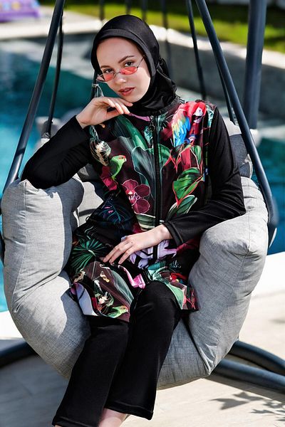 Mayom Fully Closed Quick Drying Side Adjustable Zippered Geled Hijab Swimsuit-2424