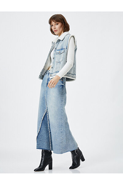 Koton Fustă midi Denim cu Talie Inalta Buzunar Detaliat Ciucuri