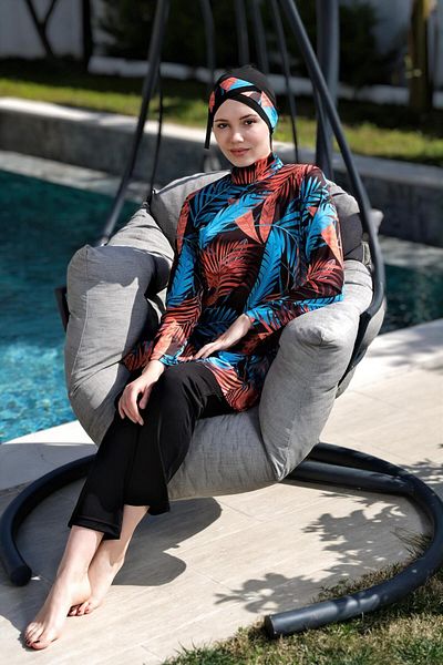 Mayom Leaf Patterned Full Size Lycra Digital Hijab Swimsuit-2410