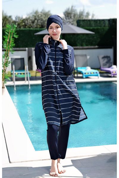 Mayom Navy Blue Women's Striped Full Hijab Swimsuit with Tights Boneli 3 Piece Set Full Hijab Swimsuit