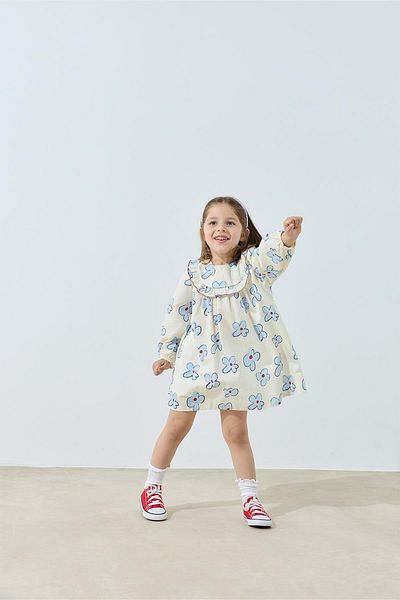 Tics Ecru Ruffled Floral Patterned Dress