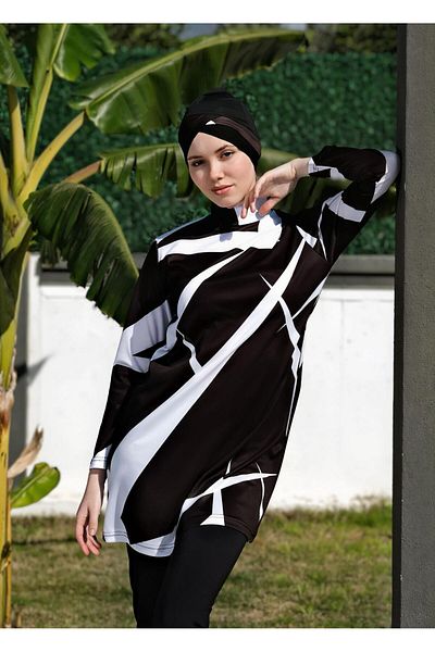 Mayom Geometric Line Patterned Full Size Lycra Digital Hijab Swimsuit-2413