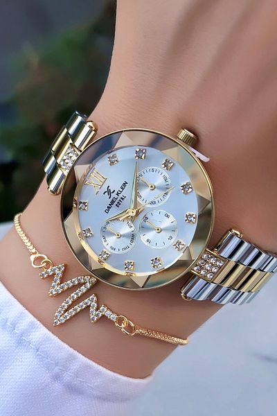 Daniel Klein Gold Silver Women's Wristwatch with Bracelet Gift