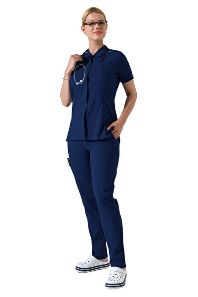 BEDUCA طقم زي موحد للممرضات من Indigo Lycra Polo Neck Snapback، زي موحد لصالو...