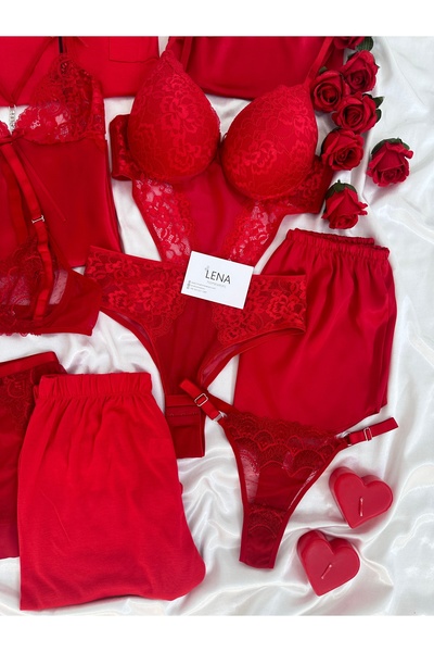 Lena Homewears Kırmızı Dropy Kutulu 7 Parça Dev Pamuklu Pijama Saten Gecelik Iç Giyim Gelin Çeyiz Seti