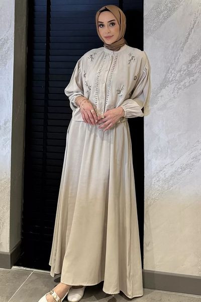 Safgiyim44 Beaded Shirt Skirt Double Hijab Suit Stone