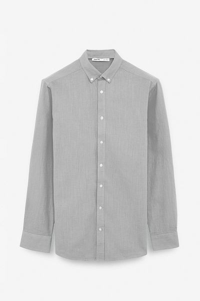 GRIMELANGE Perttu Men's 100% Cotton Slim Fit Slim Fit Button Collar Linen Look Flared Gray Shirt