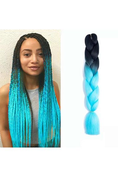 WNY Extensii de păr sintetic colorate pentru împletitură, culoare Ombre, negru/albastru deschis, 105 g, 63 cm