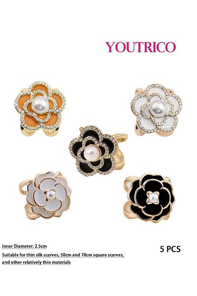 Youtrico New Camellia Silk Scarf Buckle Set - 5-Pack Elegant Floral Accessories for Women