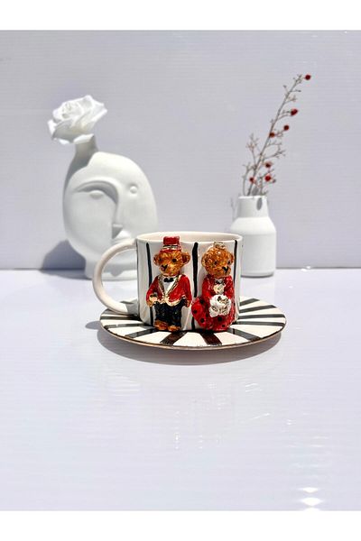 AYLEFE HOBBY 24K Gold Detailed Ceramic Handmade Mug with Teddy Bear