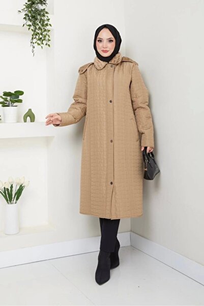 Nevayla Moda İçi Kürklü Kapüşonlu Kaban/Mont -  Bej