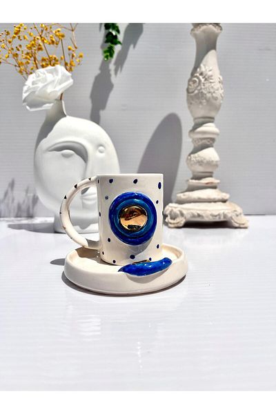 AYLEFE HOBBY 24K Gold Detailed Ceramic Turkish Coffee Cup with Evil Eye Beads