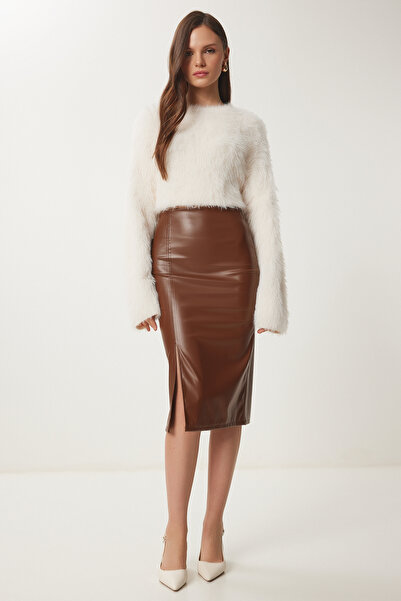 Lovelyİstanbul Slit Faux Leather Pencil Skirt Brown Lgp0009
