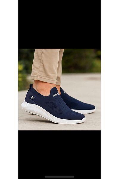 homiro Navy Blue and White Laceless Knitwear Sports Shoes