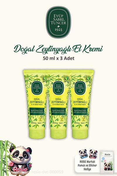 Eyüp Sabri Tuncer Natural Hand Cream with Olive Oil - 3 Pieces of 50 ml and Rosie 60 Pieces of Cotton