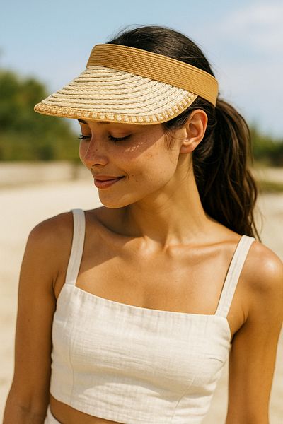 Luminos Butik Beige Zigzag Piping Detailed Straw Visor Hat with Sunscreen Feature Ideal for Daily Use Hsr2104
