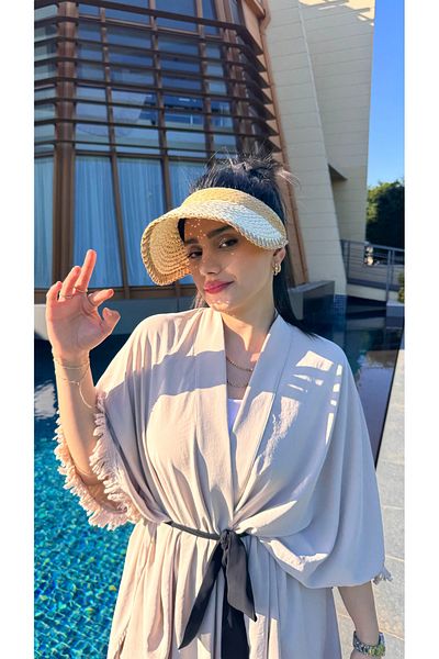 Luminos Butik Beige Zigzag Piping Detailed Straw Visor Hat with Sunscreen Feature Ideal for Daily Use Hsr2104