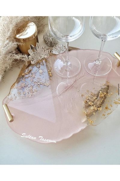 Sultan Tasarım Gold Leaf Rectangular Wavy Patterned Promise Engagement Groom Presentation Epoxy Tray for Two