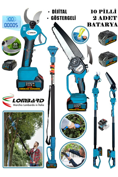 Cros LOMBARD Italia Teleskopik Uzatma + 55 Mm Dijital Budama Makası + Otomatik Yağ Pompalı Zincirli Testere