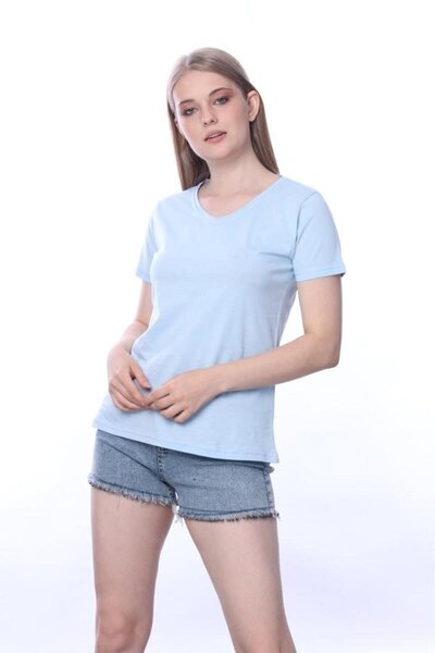 Tight Lady تي شيرت نسائي أزرق عالي الجودة برقبة على شكل حرف V بلون أساسي من ا...