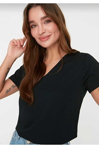 Tight Lady süper kalite siyah V-yaka kadın Basic tişört örme pamuk penye t-shirt