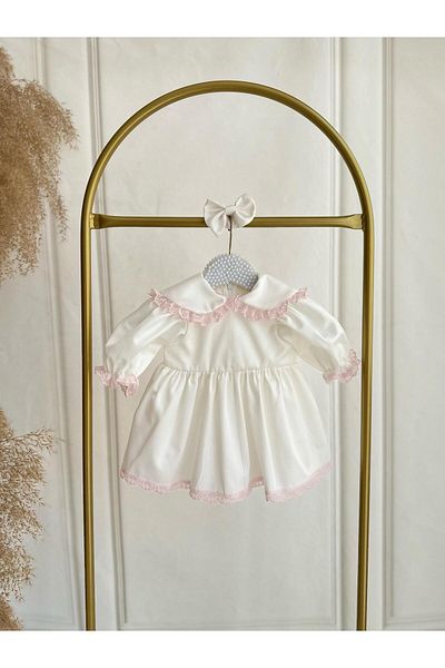 Hobidik HOBİDİK Girls Pink Guipure Lace White Satin Dress Set