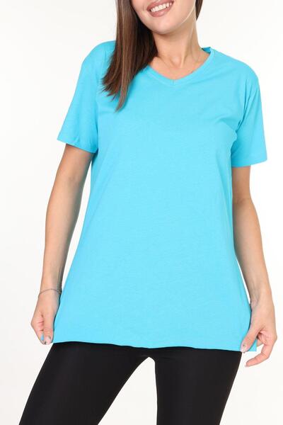 Tight Lady Turcoaz Albastru Decolteu în V - Fante laterale Tricou asimetric Tunica 100% bumbac Femei