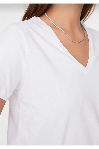 Tight Lady Tricou alb de damă cu decolteu în V de calitate superioară Tricou de bază din bumbac organic tricotat din bumbac pieptănat