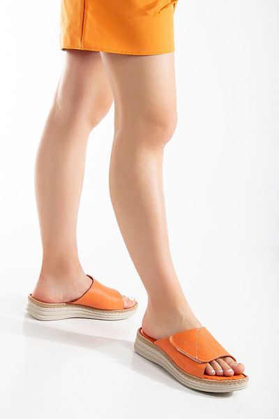 Mehmet Baran Genuine Leather Wedge Heel Women's Slippers