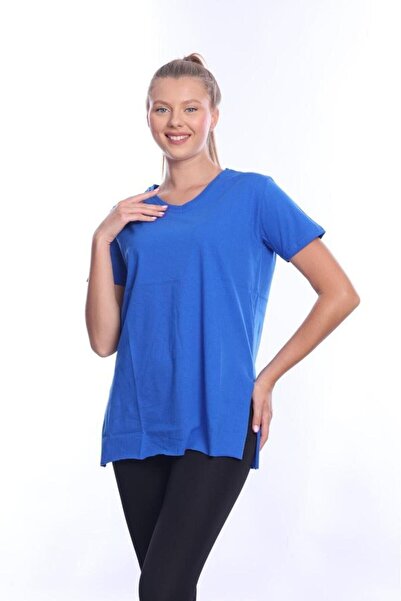 Tight Lady 100% бавовна Жіночі сині V-подібним вирізом Yiğit Liyi асиметрична футболка футболка футболка футболка туніка туніка