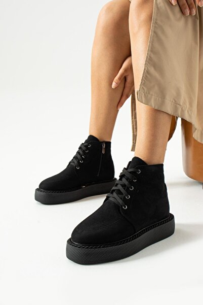 Asilkadın Rayne Siyah Süet Kısa Bot Bağcılklı Fermuar Detaylı