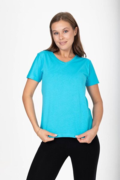 Tight Lady Tyrkysově modré dámské základní tričko s výstřihem do V – 100% bavlna česaná bavlna
