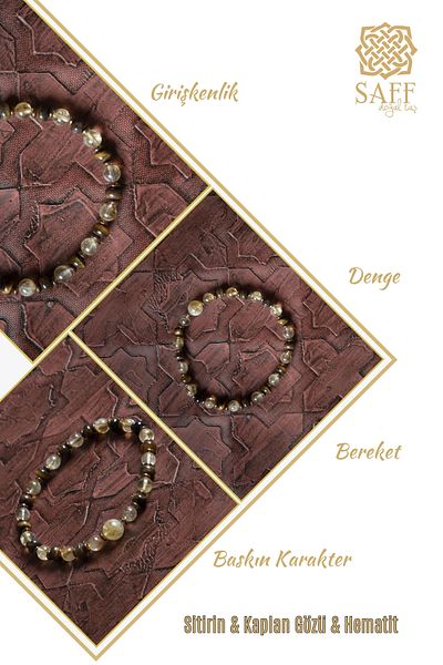 Saff Doğal Taş Certified Genuine Natural Citrine, Tiger Eye and Hematite Stone Bracelet