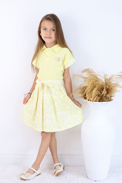 ESİLA KİDS Girl's Suit Polo Collar Floral Patterned Belted Pleated Skirt 2 Piece Suit Summer Combination 4-8 Years Old