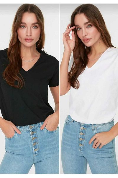 Tight Lady Tricou de bază pentru femei, alb-negru, de calitate superioară, pachet de 2 tricouri din bumbac tricotate din bumbac pieptănat