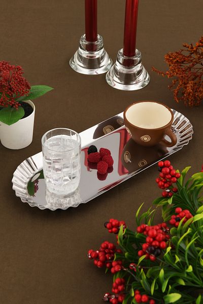 AKSESUAR EVRENİ Davin Decorative Stainless Oval Serrated Edges 1 Presentation Tray