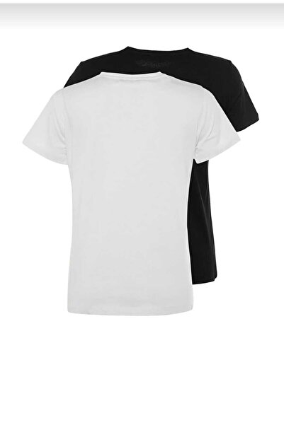 Tight Lady %100 organik pamuk 2`li paket Soft Touch kadın tişört siyah beyaz bisiklet yaka örme penye t-shirt