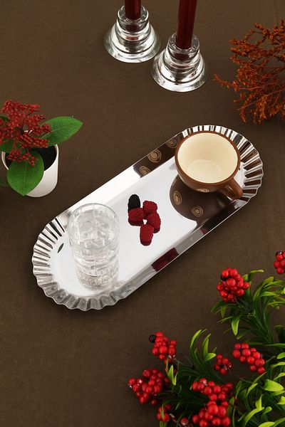 AKSESUAR EVRENİ Davin Decorative Stainless Oval Serrated Edges 1 Presentation Tray