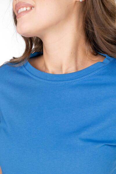 Tight Lady %100 Pamuk Kadın Tişört Düz Renk Koyu Mavi Bisiklet Yaka Kısa Kol Penye T-shirt