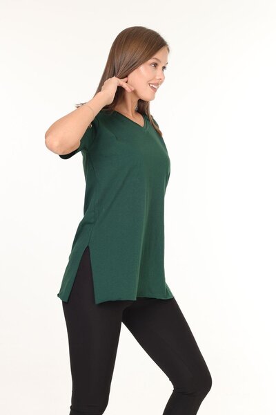 Tight Lady Σμαραγδένιο πράσινο V-λαιμόκοψη ασύμμετρο χτενισμένο βαμβακερό μπλουζάκι - 100% βαμβάκι
