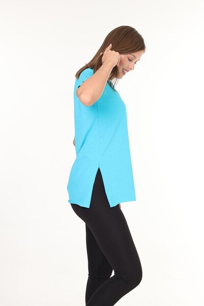 Tight Lady Turcoaz Albastru Decolteu în V - Fante laterale Tricou asimetric Tunica 100% bumbac Femei