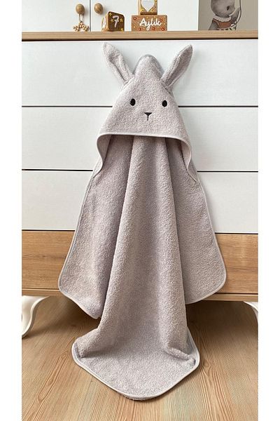 Alpar Tekstil 100% Cotton Baby Boy and Girl Bath Towel - Soft, Gray/Rabbit